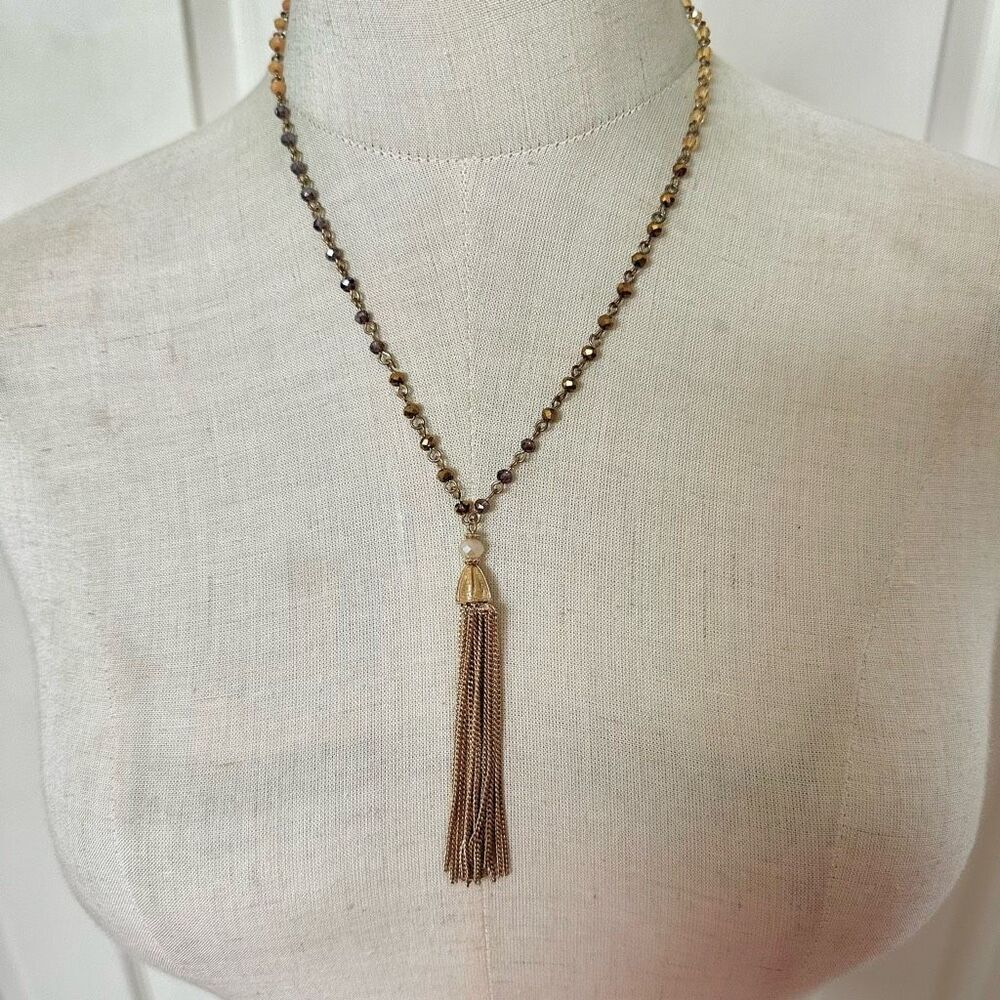 Gold tone beaded tassel necklace